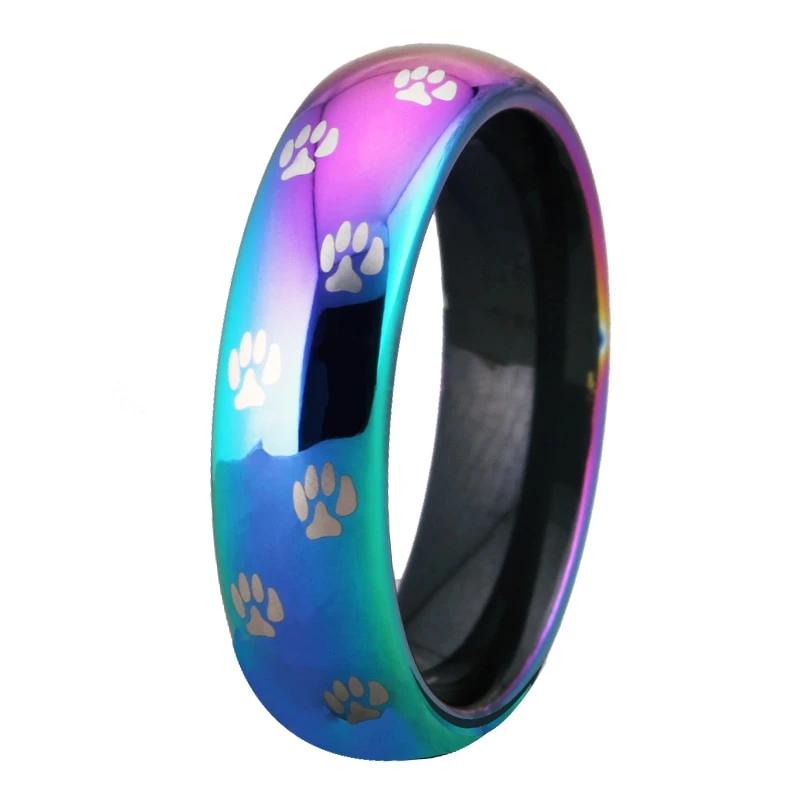 6mm Rainbow Cat Dog Paw Prints Tungsten Unisex Ring - Promise Rings