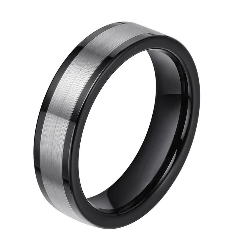 6mm Silver Brushed & Black Polished Edges Mens Ring - Promise Rings