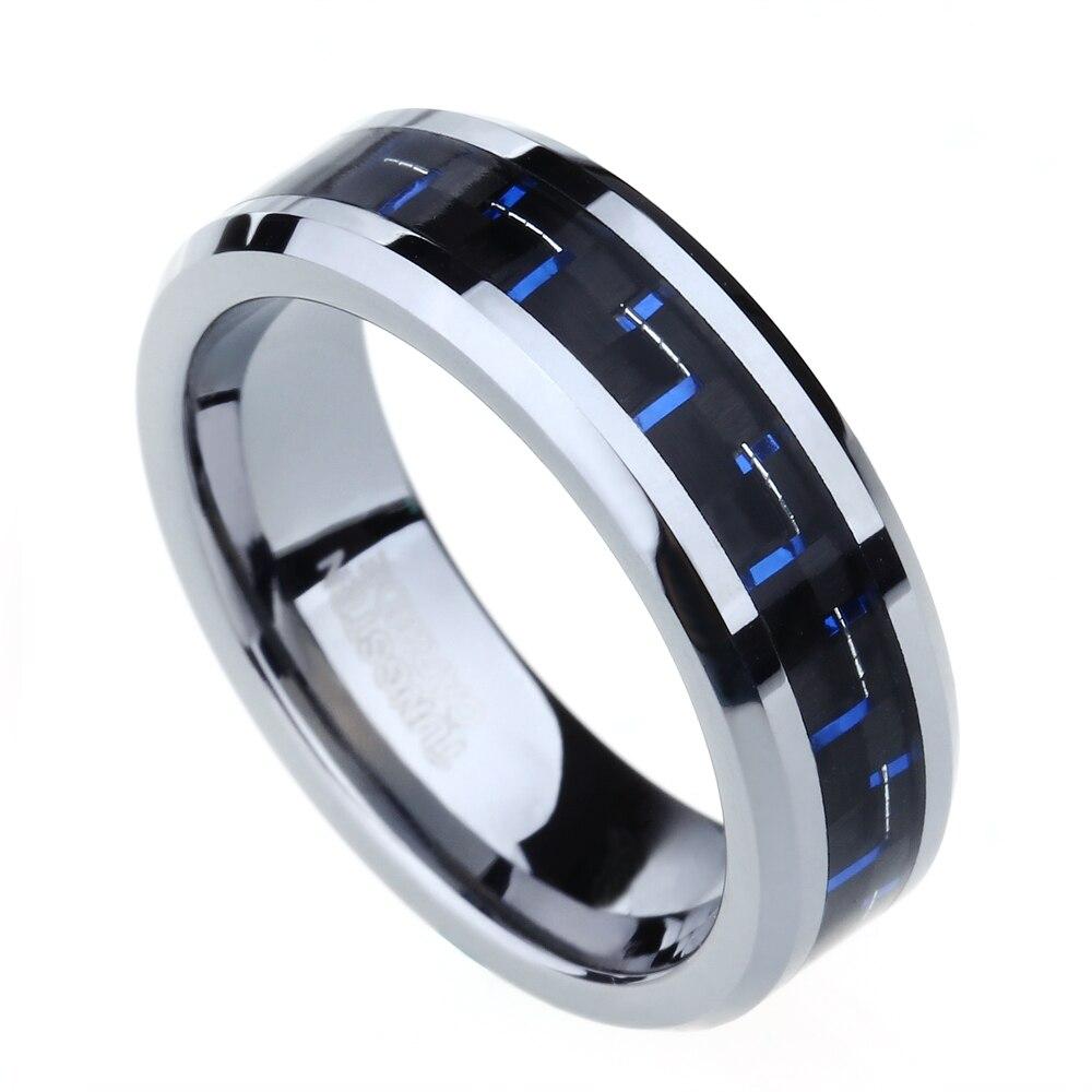 6mm, 8mm Black & Blue Carbon Fiber Inlay Tungsten Unisex Ring