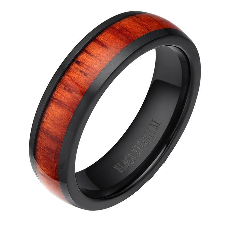 6mm Black Mahogany Wood Inlay Titanium Unisex Ring