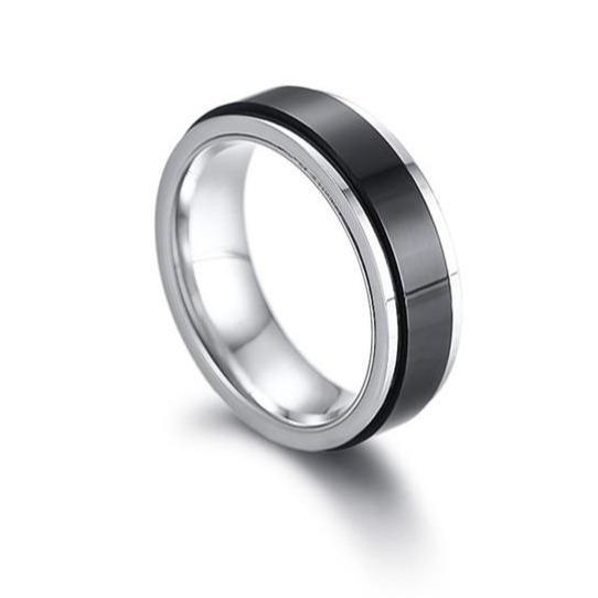 6mm Black & Silver Stainless Steel Rotatable Spinner Women's Ring