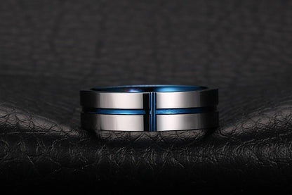 6mm Blue Cross Concave Tungsten Mens Ring - 1 Engraving