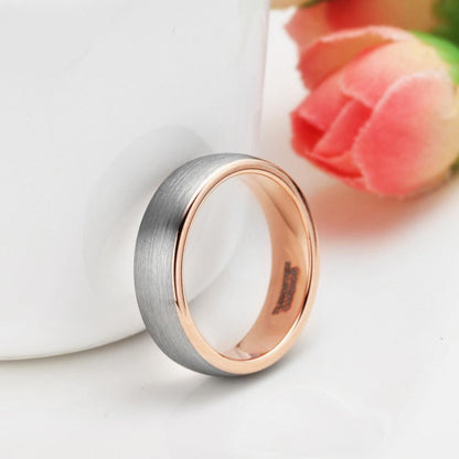 6mm Domed Brushed Rose Gold & Silver Tungsten Unisex Ring