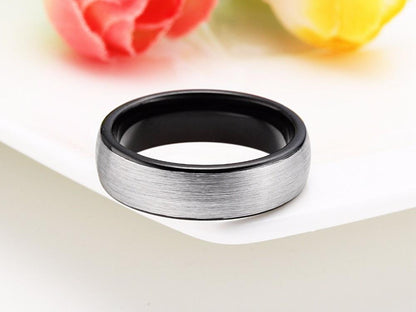 6mm Domed Brushed Tungsten Black & Silver Unisex Ring