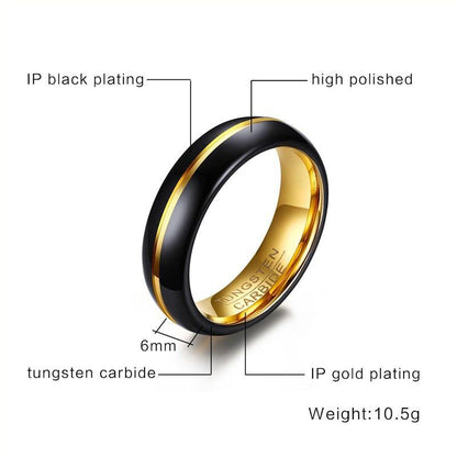 6mm Gold Color Groove & Black Mens Ring