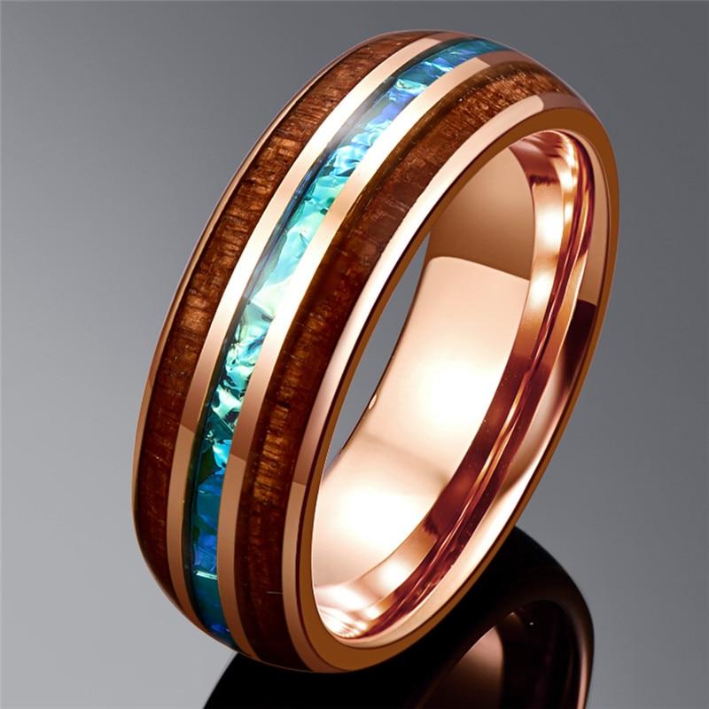 6mm Hawaiian Koa Wood & Acacia Imitation Opal Rose Gold Tungsten Mens Ring