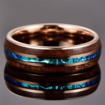 6mm Hawaiian Koa Wood & Acacia Imitation Opal Rose Gold Tungsten Mens Ring
