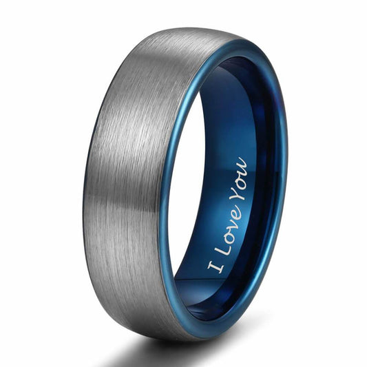 6mm I Love You Engraved Blue Silver Tungsten Unisex Ring