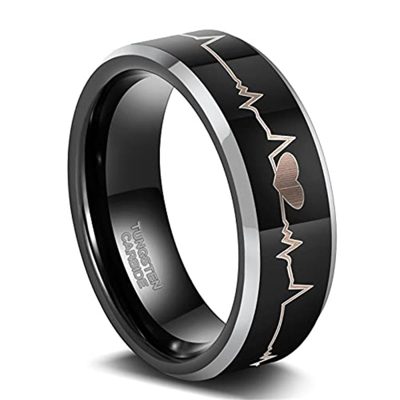 6mm or 8mm Electrocardiogram & Silver Edge Tungsten Unisex Ring - Promise Rings
