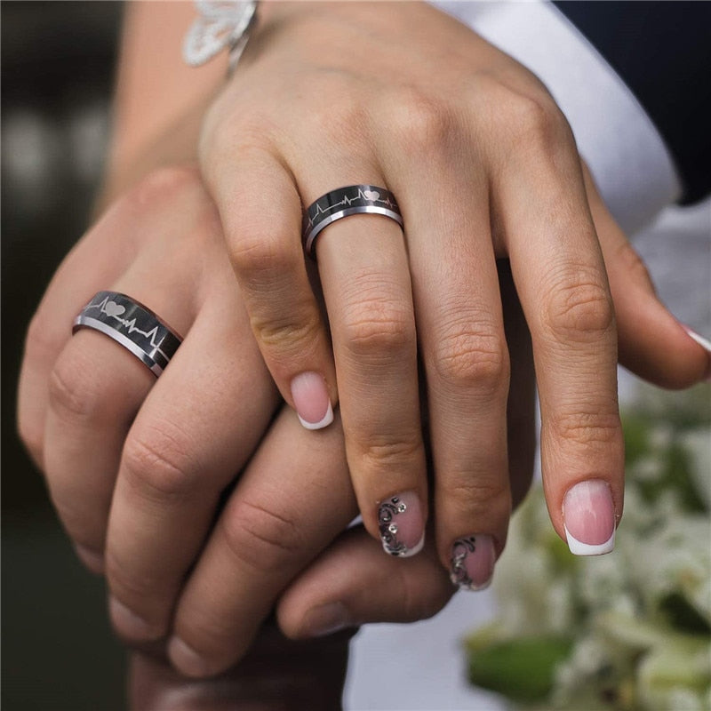 6mm or 8mm Electrocardiogram & Silver Edge Tungsten Unisex Ring - Promise Rings