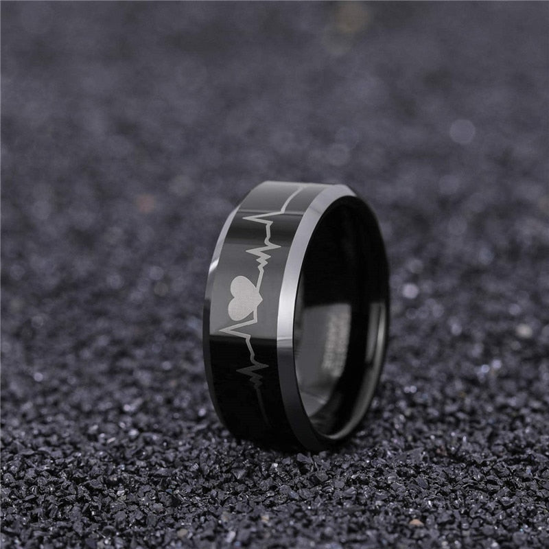 6mm or 8mm Electrocardiogram & Silver Edge Tungsten Unisex Ring - Promise Rings