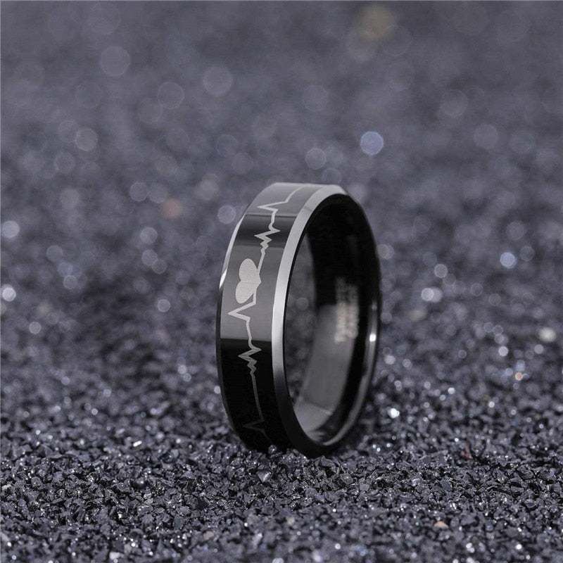 6mm or 8mm Electrocardiogram & Silver Edge Tungsten Unisex Ring - Promise Rings
