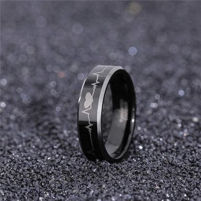 6mm or 8mm Electrocardiogram & Silver Edge Tungsten Unisex Ring - Promise Rings
