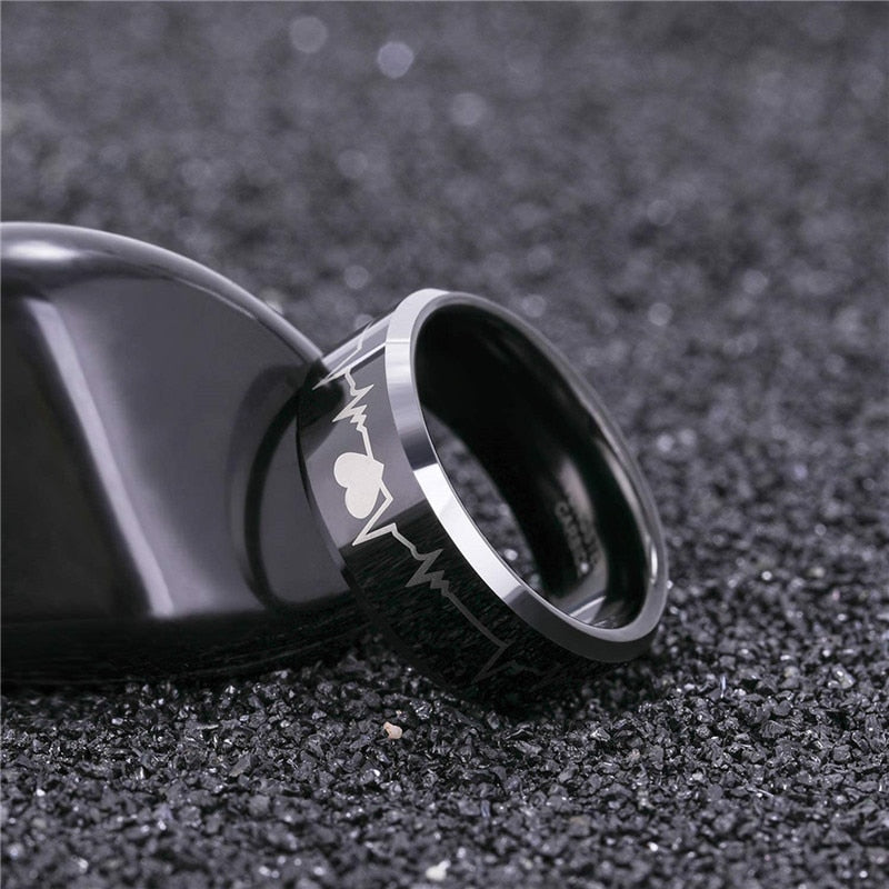 6mm or 8mm Electrocardiogram & Silver Edge Tungsten Unisex Ring - Promise Rings