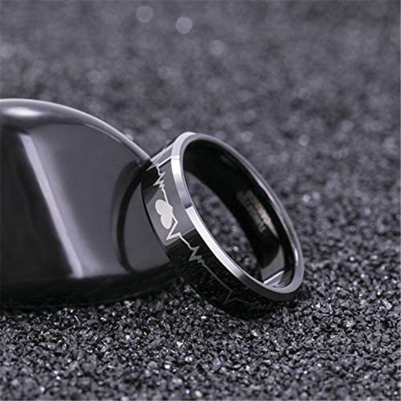 6mm or 8mm Electrocardiogram & Silver Edge Tungsten Unisex Ring - Promise Rings