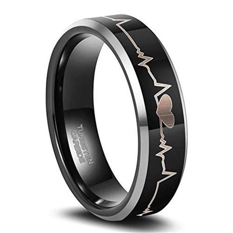 6mm or 8mm Electrocardiogram & Silver Edge Tungsten Unisex Ring - Promise Rings