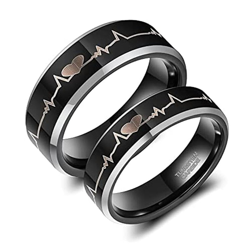 6mm or 8mm Electrocardiogram & Silver Edge Tungsten Unisex Ring - Promise Rings