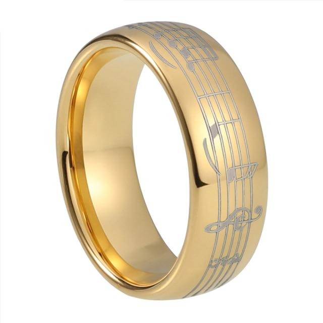 6mm or 8mm Piano Five-Line Note Music Gold Tungsten Unisex Ring - Promise Rings