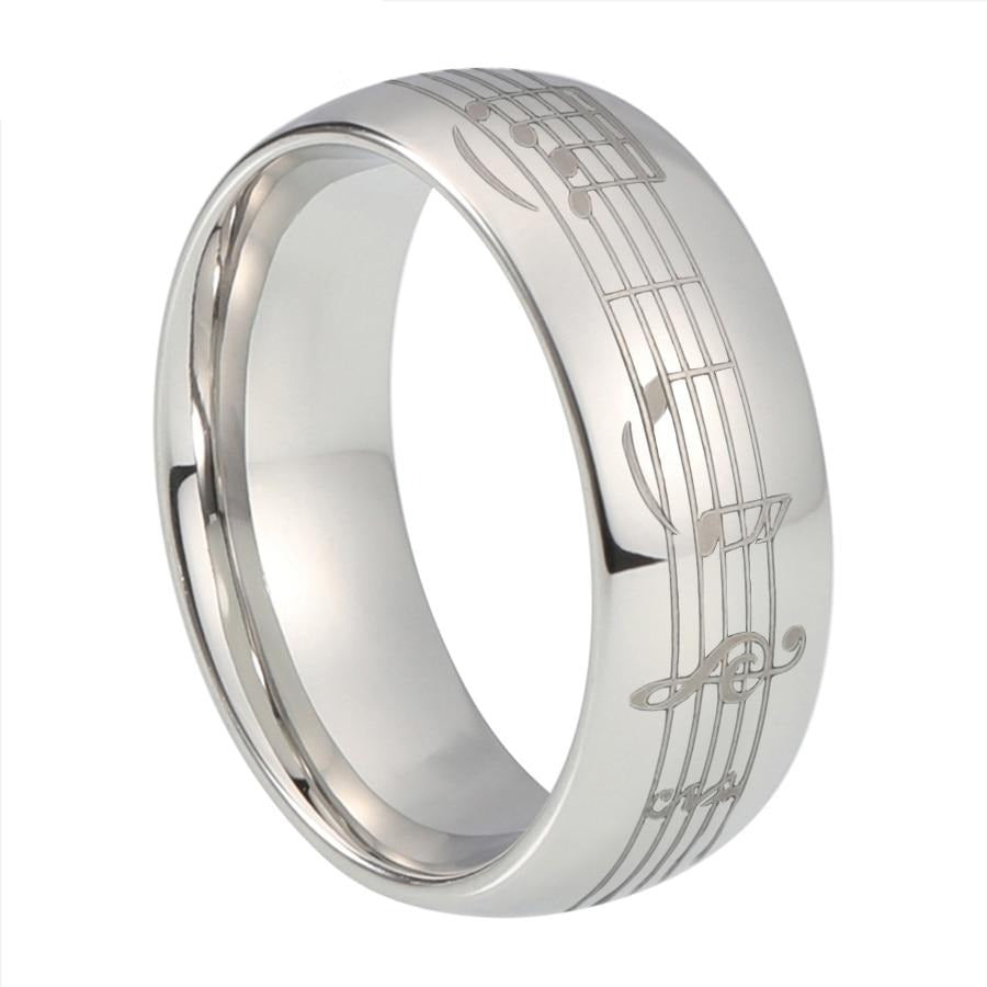 6mm or 8mm Piano Five-Line Note Music Silver Tungsten Unisex Ring - Promise Rings