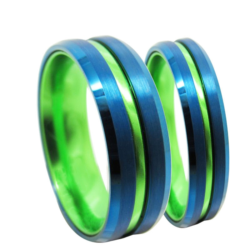 6mm or 8mm Royal Blue Brushed Satin & Lime Green Tungsten Rings - Promise Rings
