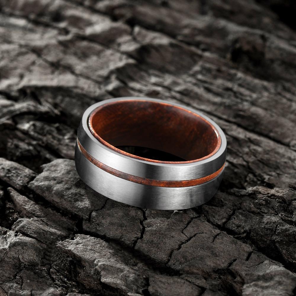 6mm or 8mm Vintage Wooden Groove Inlay Silver Titanium Mens Ring