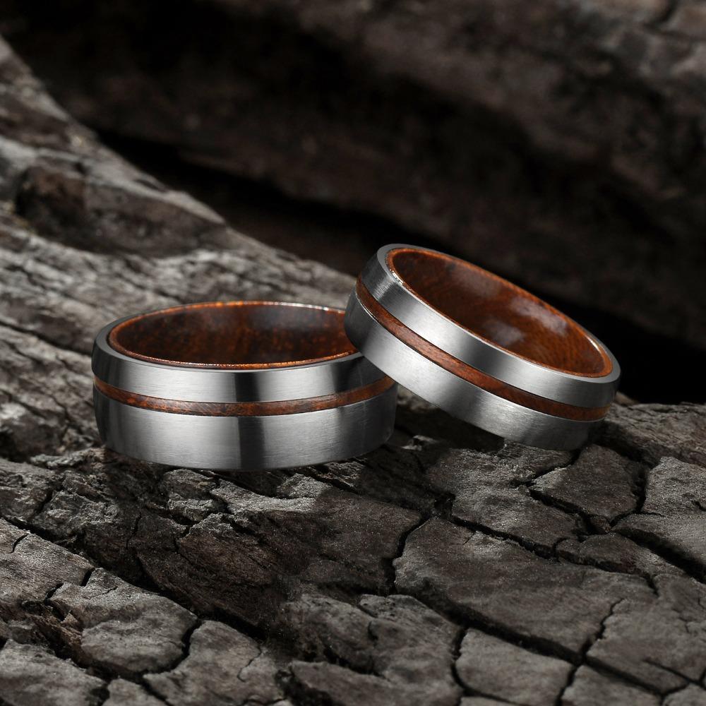 6mm or 8mm Vintage Wooden Groove Inlay Silver Titanium Mens Ring