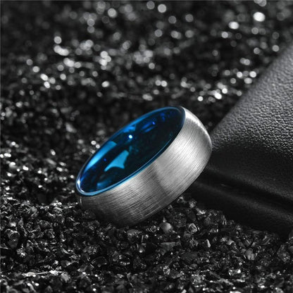 6mm Personalized Silver Blue Tungsten Mens Ring - 1 Custom Engraving