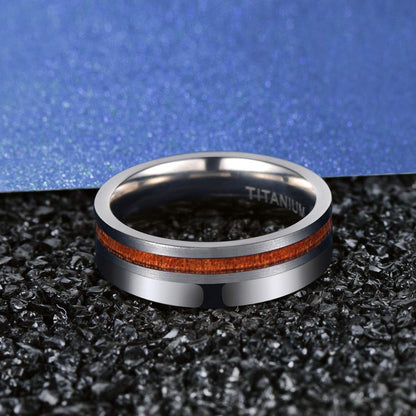 6mm Polished & Matte Nature Wood Inlay Silver Mens Ring
