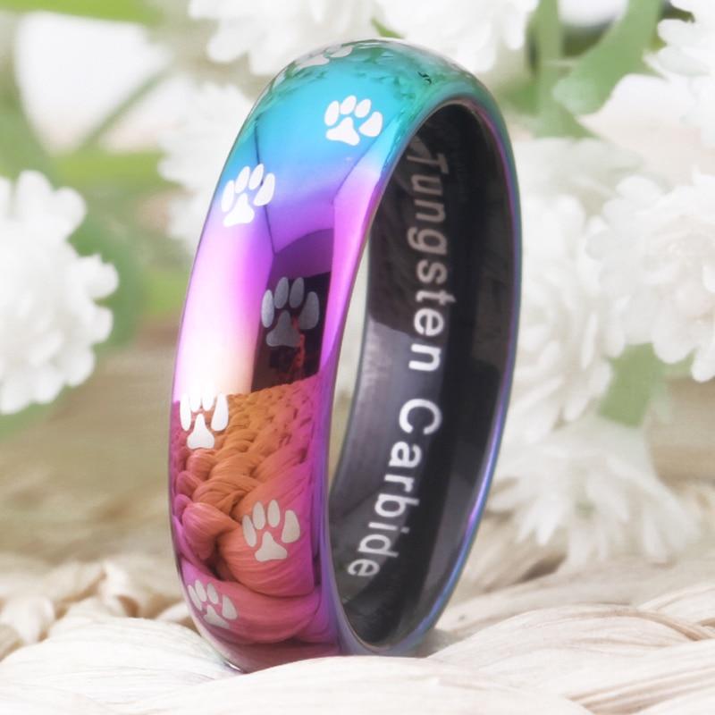 6mm Rainbow Cat Dog Paw Prints Tungsten Unisex Ring