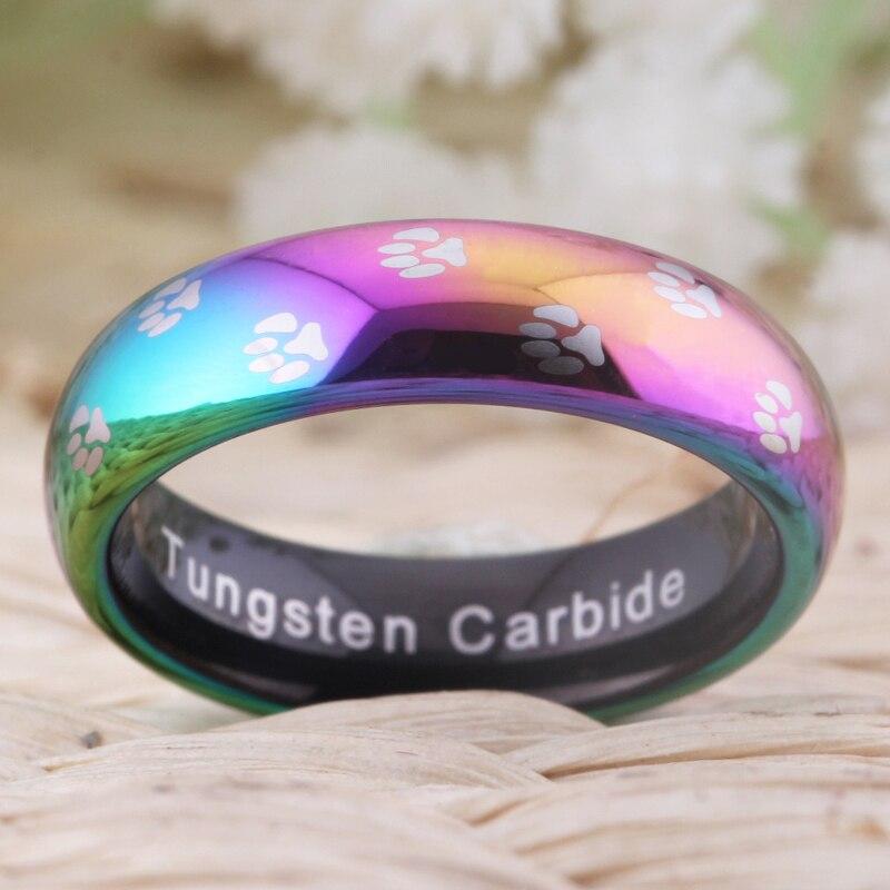 6mm Rainbow Cat Dog Paw Prints Tungsten Unisex Ring