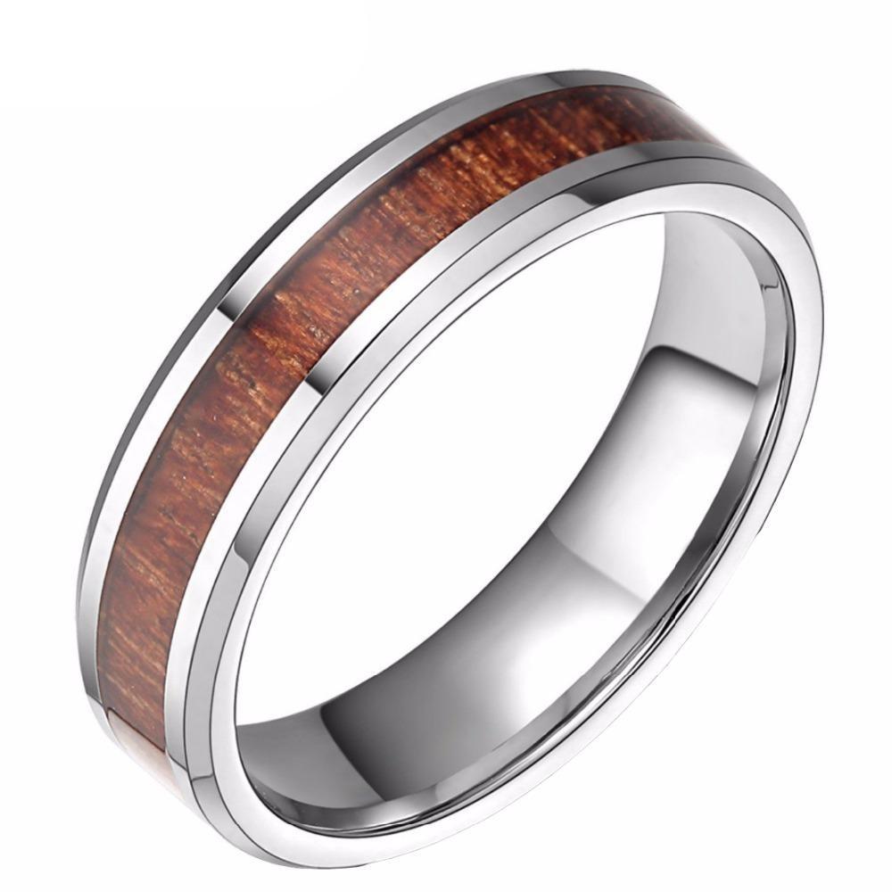 6mm Red Wood Inlay Silver Tungsten Mens Rings