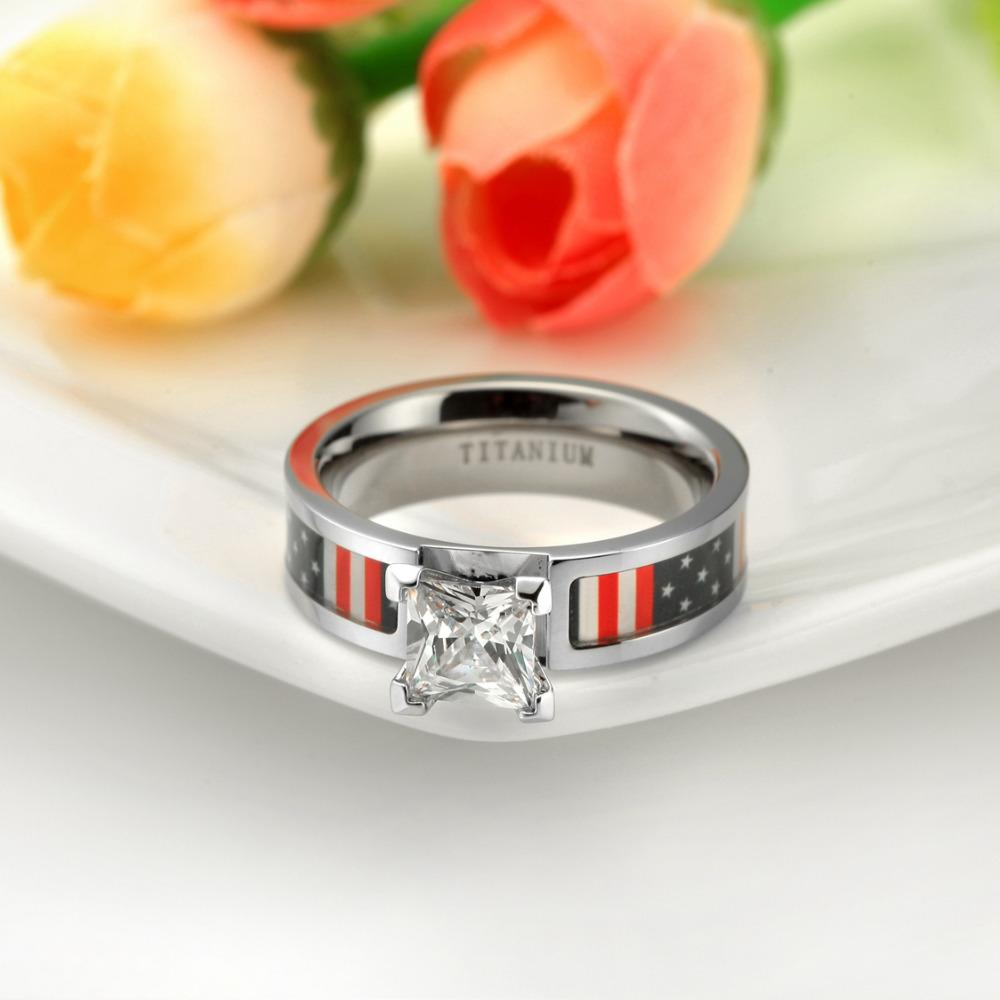 6mm USA American Flag Patriotic Cubic Zirconia Titanium Womens Ring