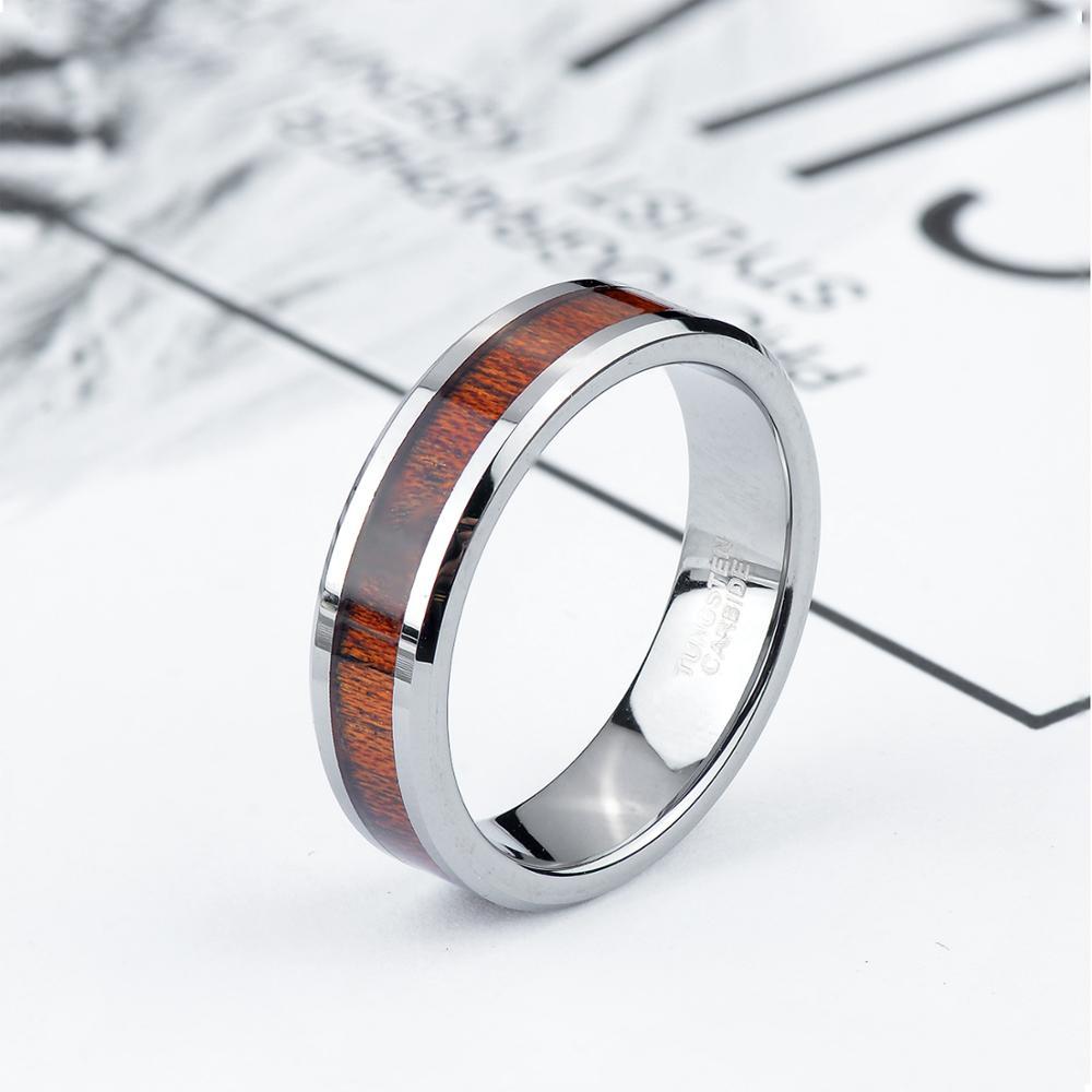 6mm Wood Inlay Tungsten Silver Mens Ring