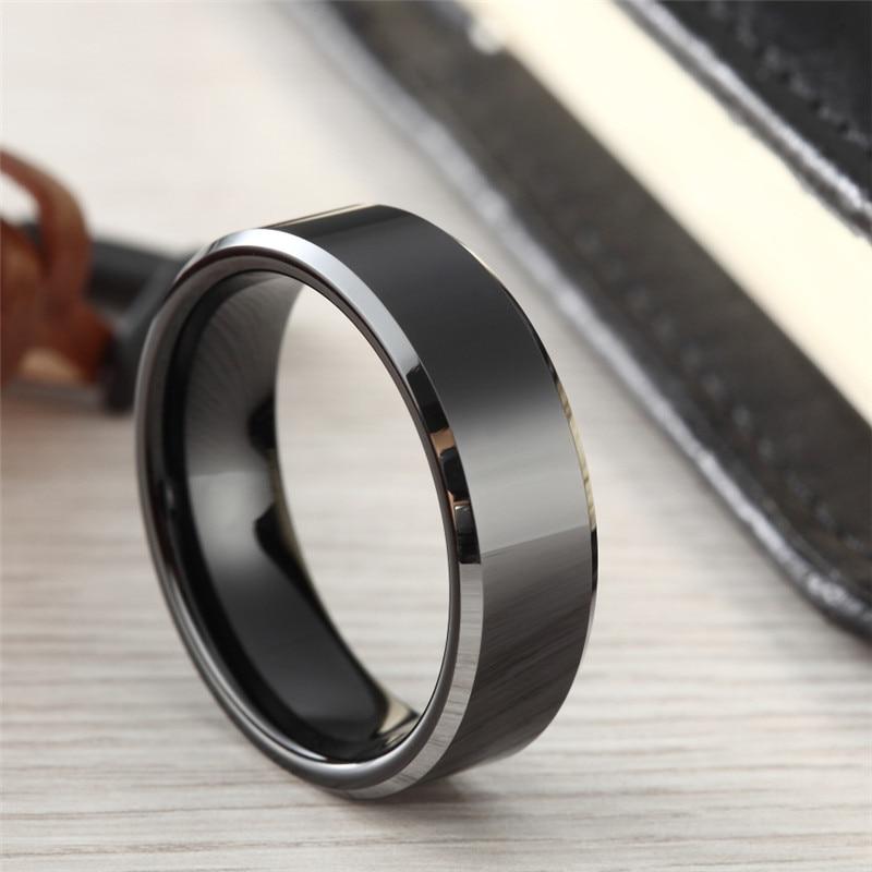 6mm/8mm Black Polished Silver Edges Tungsten Mens Ring