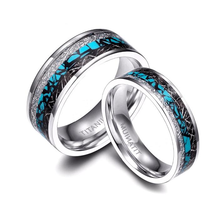 6mm & 8mm Etched Silver & Blue Rock Couples Rings