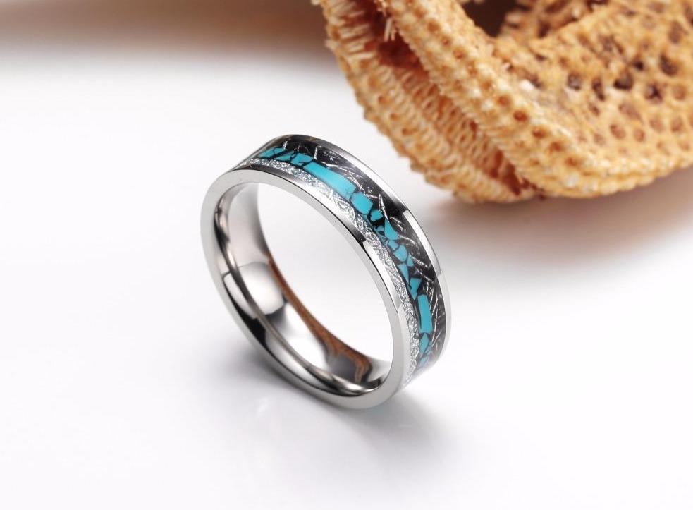 6mm & 8mm Etched Silver & Blue Rock Couples Rings