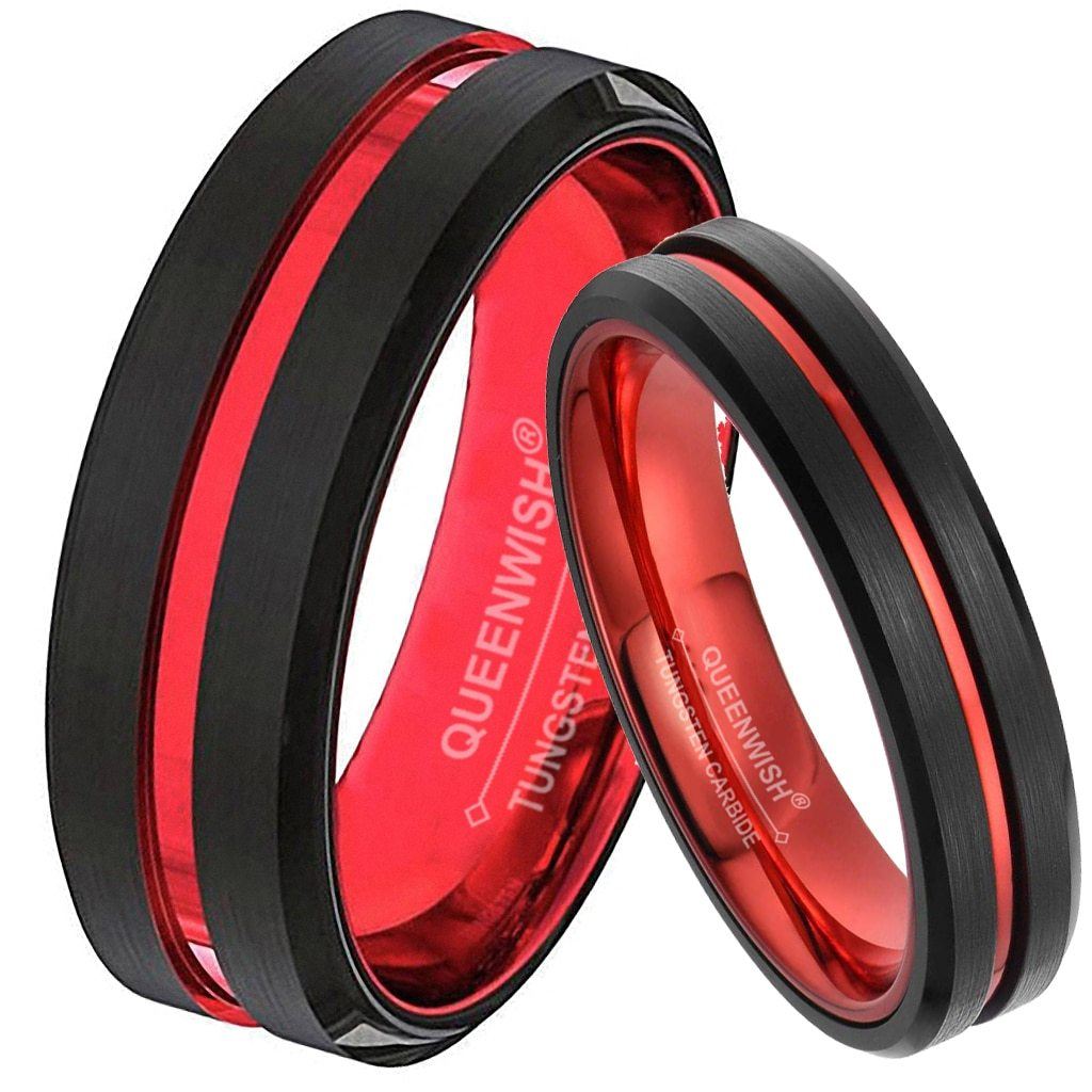 8mm Red Groove & Black Tungsten Unisex Rings