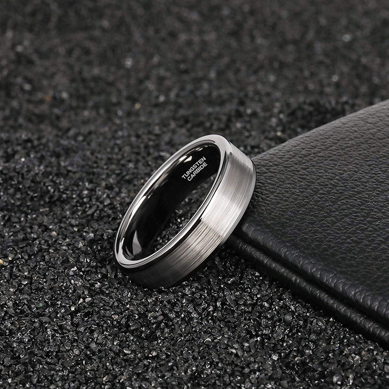 6mm Silver Brushed & Black Polished Edges Mens Ring