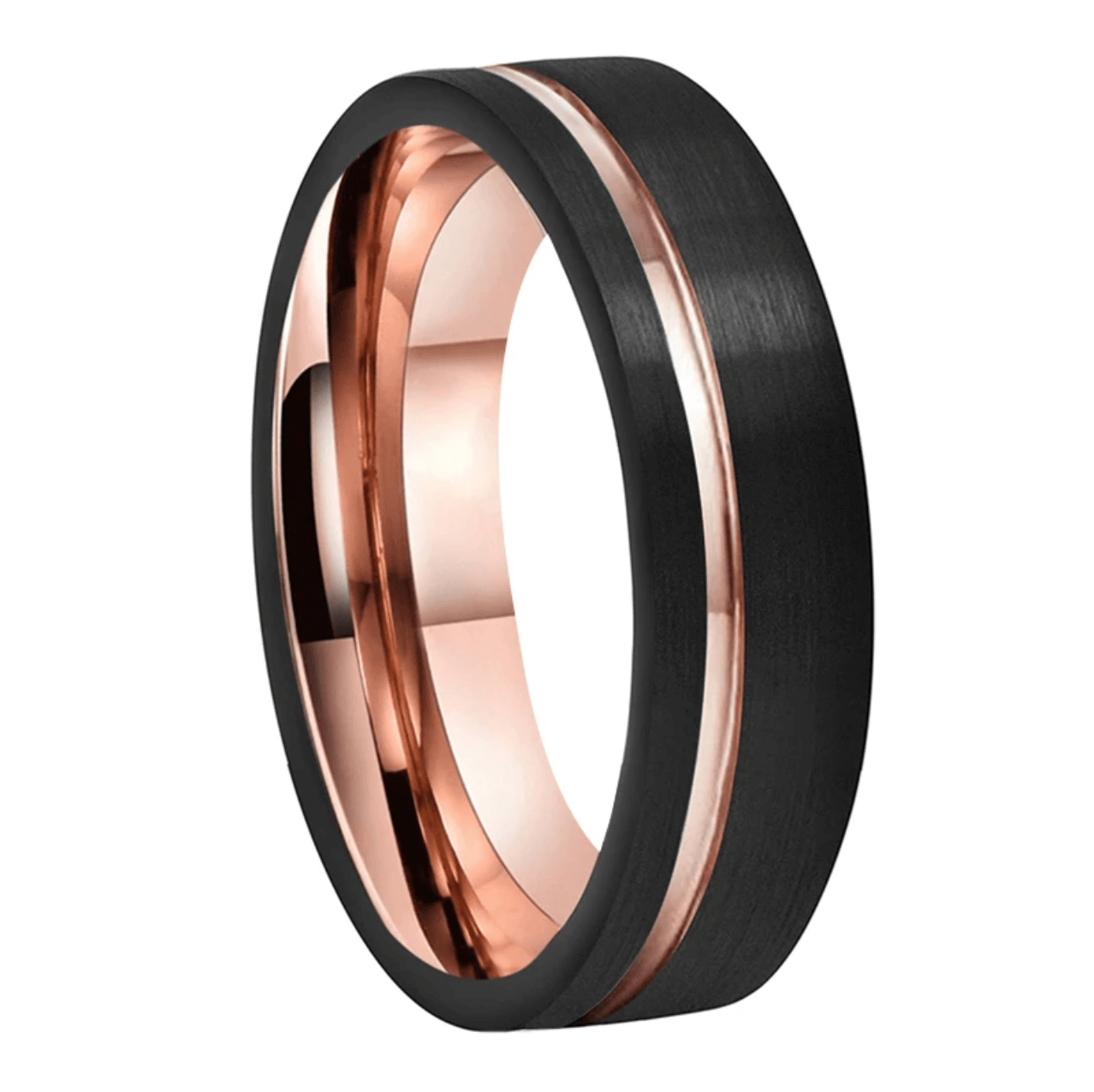 8mm Off-Centre Rose Gold Inlay Black Tungsten Mens Ring