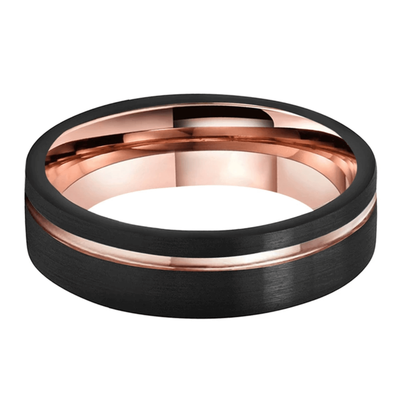 8mm Off-Centre Rose Gold Inlay Black Tungsten Mens Ring