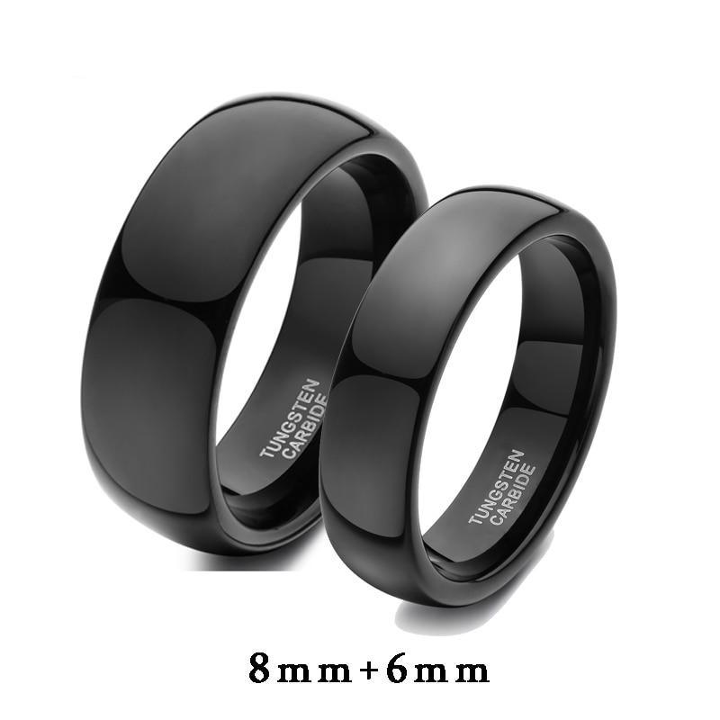 8mm & 6mm Flat Brushed Black Tungsten Couples Rings (Set/2Pc)