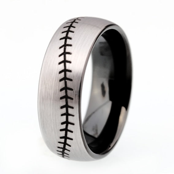 8mm Baseball Stitch Ring – Silver & Black Sports Band (Men’s) - Promise Rings