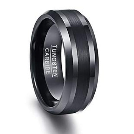 8mm Black Brushed Inlay Tungsten Mens Ring - Promise Rings