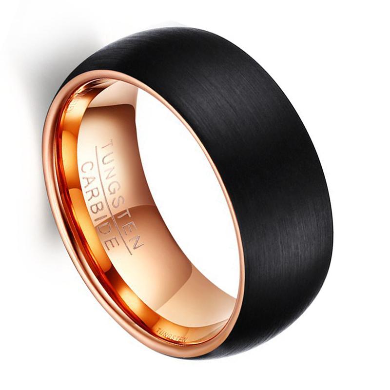 8mm Black Brushed & Rose Gold Domed Tungsten Mens Ring - Promise Rings