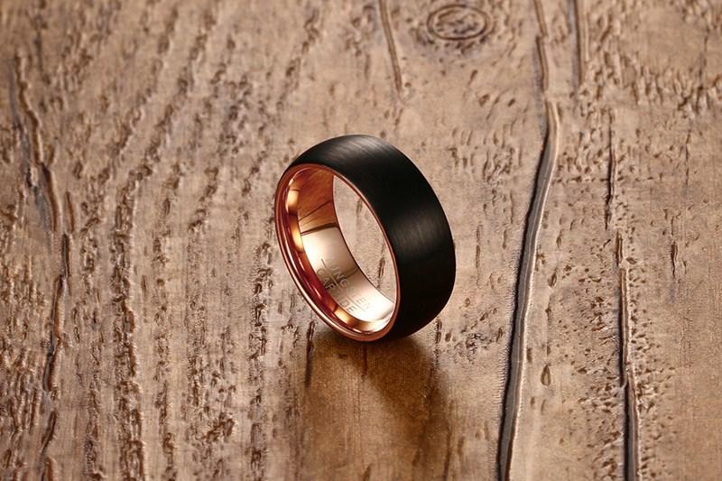 8mm Black Brushed & Rose Gold Domed Tungsten Mens Ring - Promise Rings