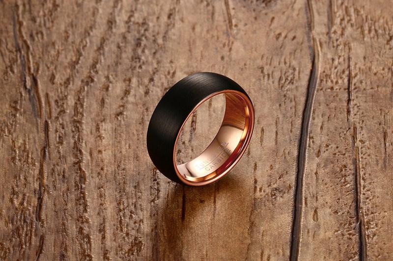 8mm Black Brushed & Rose Gold Domed Tungsten Mens Ring - Promise Rings