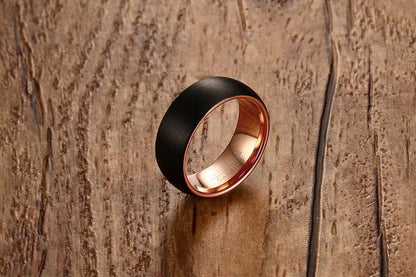 8mm Black Brushed & Rose Gold Domed Tungsten Mens Ring - Promise Rings
