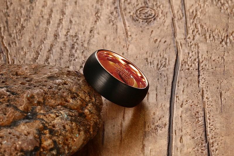 8mm Black Brushed & Rose Gold Domed Tungsten Mens Ring - Promise Rings