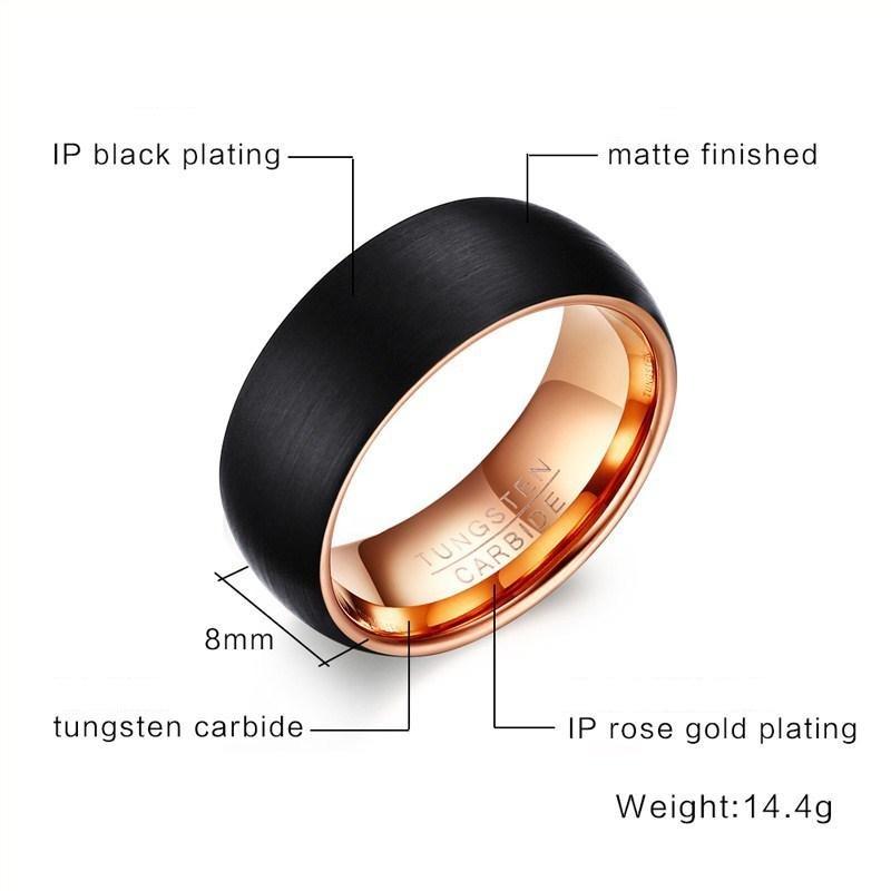 8mm Black Brushed & Rose Gold Domed Tungsten Mens Ring - Promise Rings