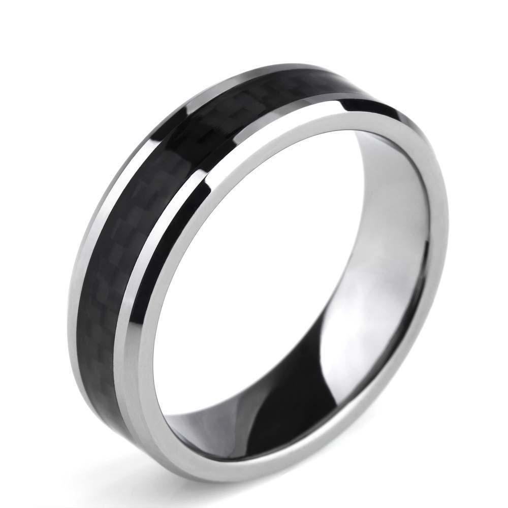 8mm Black Carbon Fiber Inlay Silver Tungsten Mens Ring - Promise Rings
